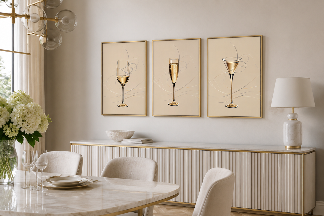 Set of three framed canvas prints featuring a wine glass, champagne flute, and martini glass.