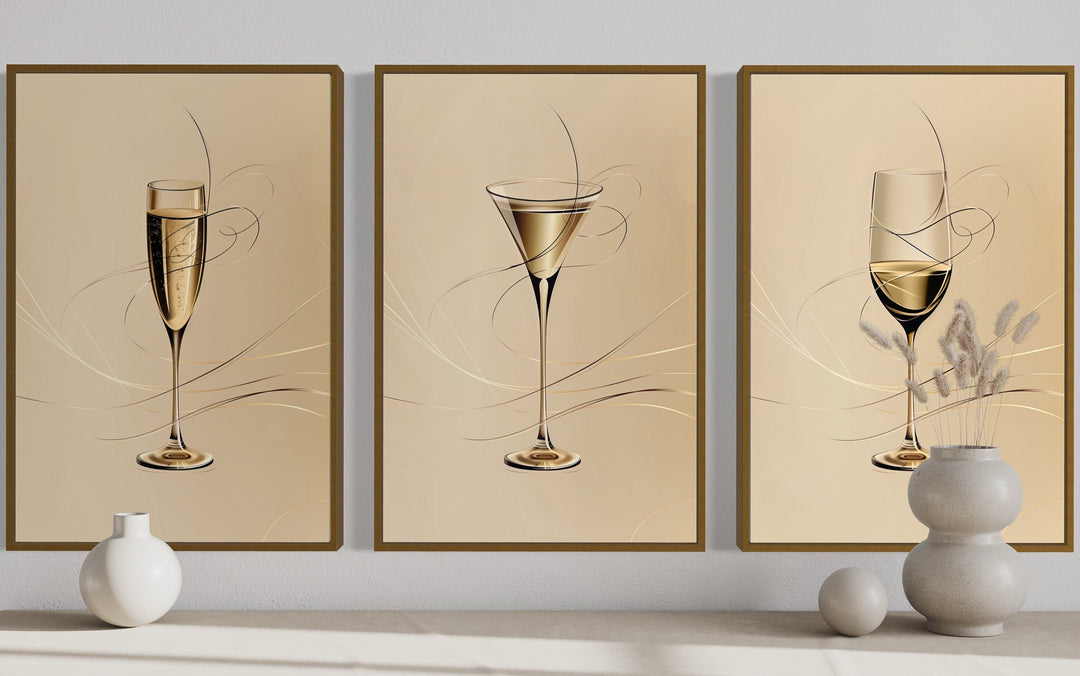 Wine Glass, Martini and Champagne Flute Neutral Dining Room Framed Canvas Wall Art