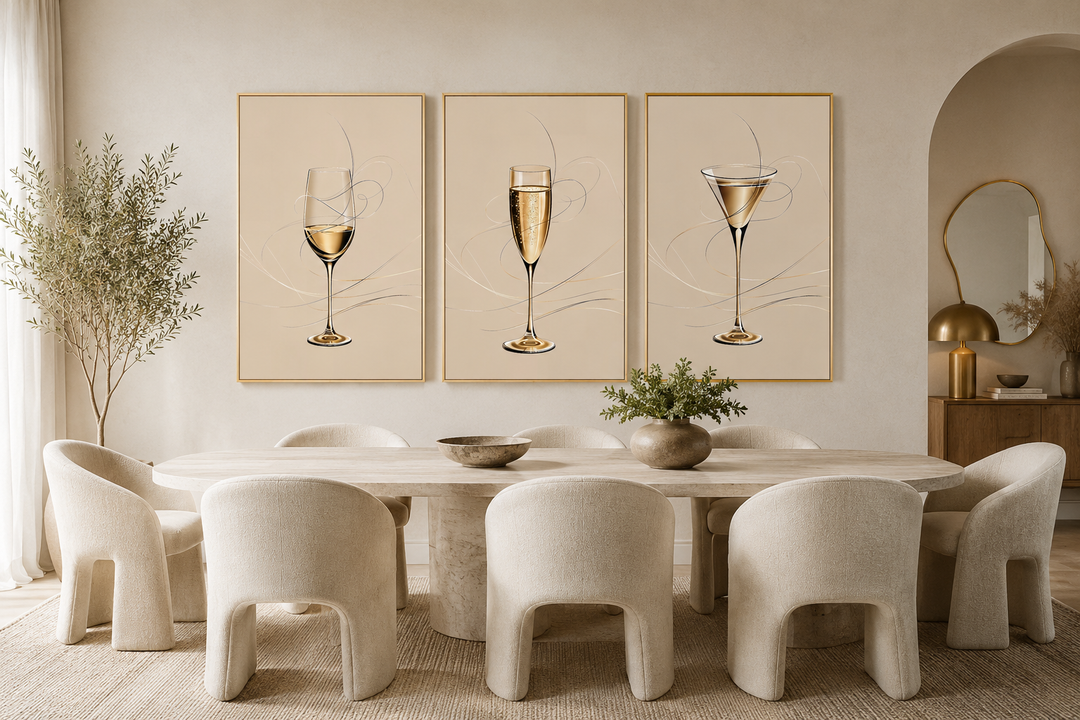 Three framed canvas prints of a wine glass, champagne flute, and martini glass in a dining room.