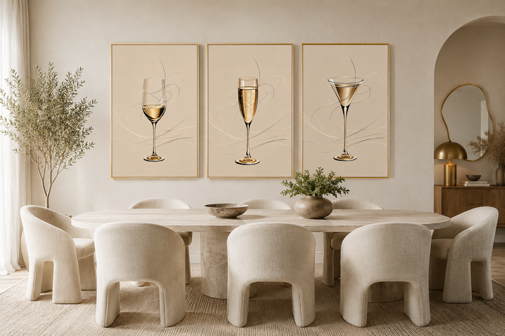 Three framed canvas prints of a wine glass, champagne flute, and martini glass in a dining room.