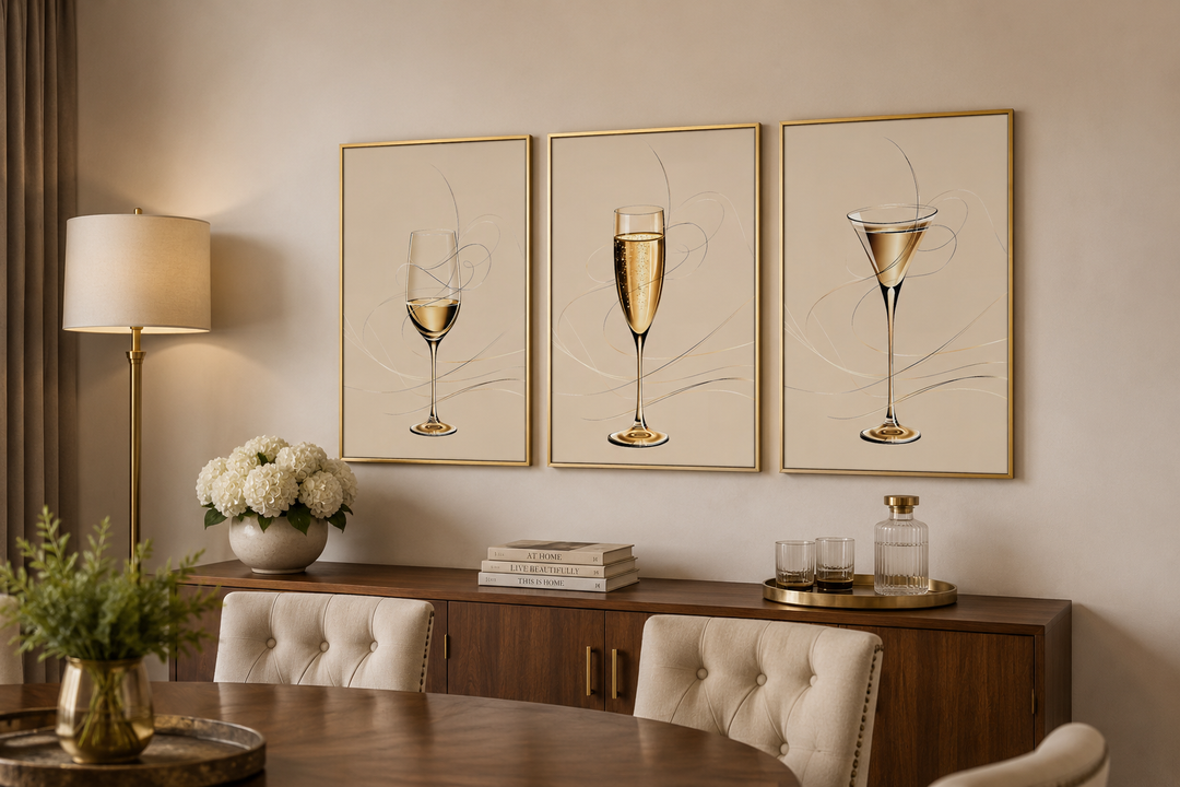 Three framed canvas prints of a wine glass, champagne flute, and martini glass on a neutral wall.