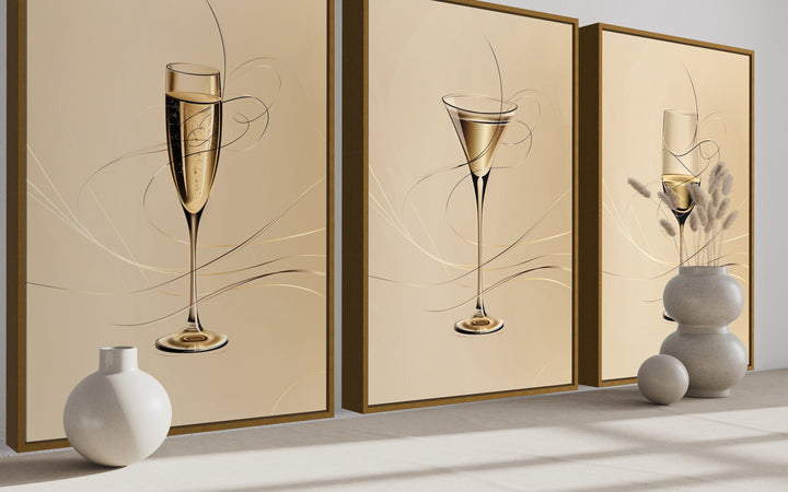 Wine Glass, Martini and Champagne Flute Neutral Dining Room Framed Canvas Wall Art