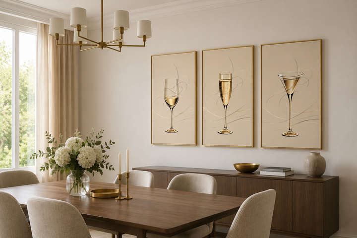 Set of three framed canvas prints featuring a wine glass, champagne flute, and martini glass.