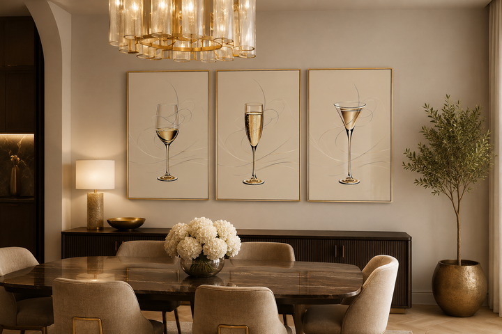 Set of three framed canvas prints featuring a wine glass, champagne flute, and martini glass.