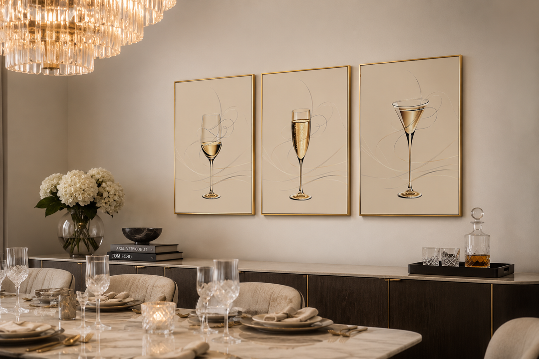 Set of three framed canvas prints featuring a wine glass, champagne flute, and martini glass.