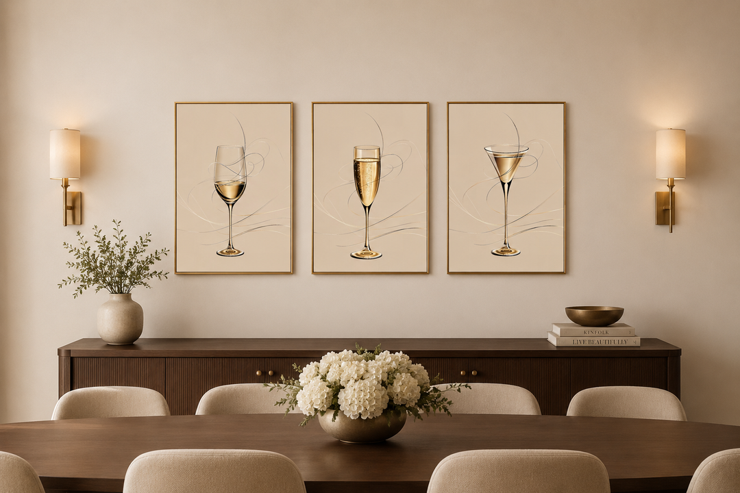 Set of three framed canvas prints featuring a wine glass, champagne flute, and martini glass.