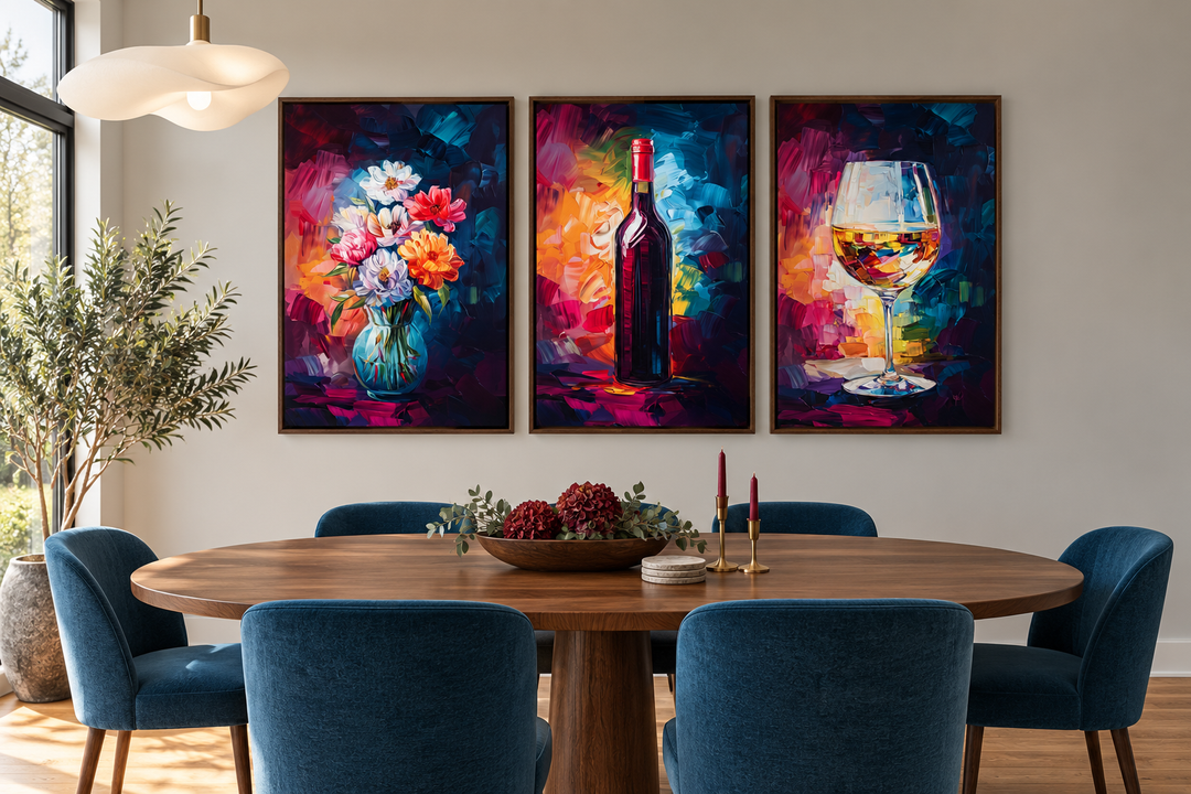 Set of three colorful canvas prints of a flower vase, wine bottle, and wine glass in a dining room.