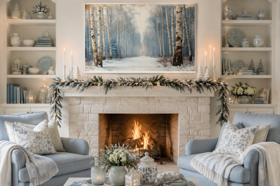 Winter Birch Trees Forest Landscape Framed Canvas Wall Art hanging above a cozy fireplace.