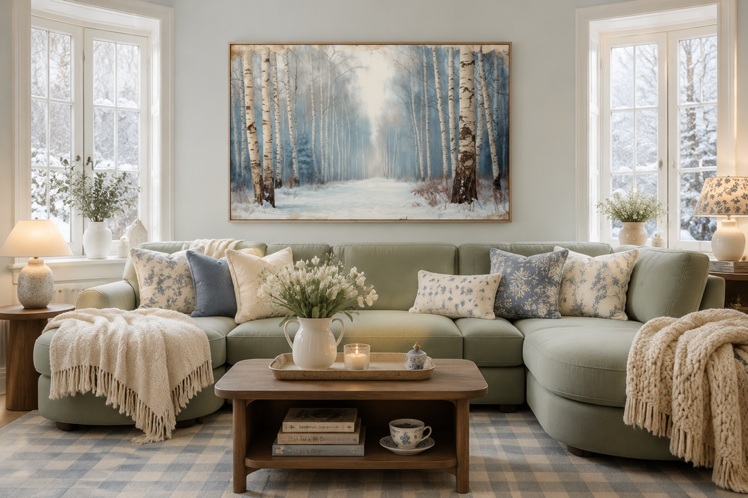 Winter Birch Trees Forest Landscape Framed Canvas Wall Art hanging above a green sectional sofa.