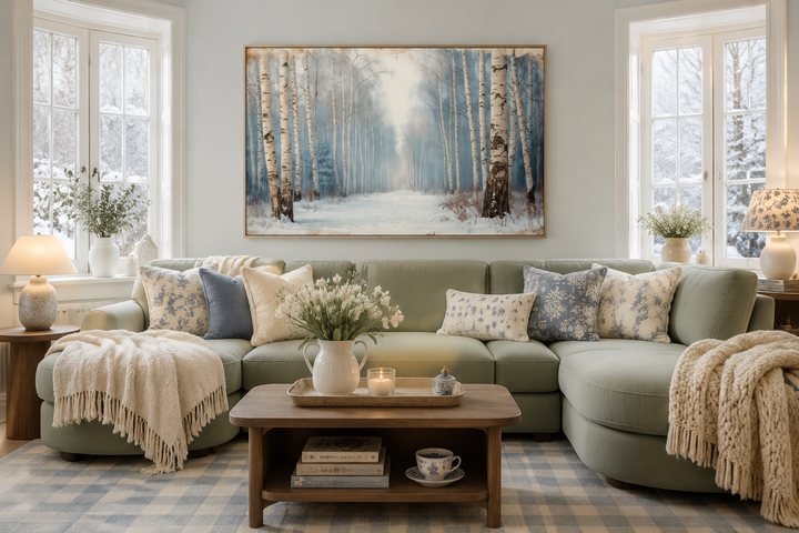 Winter Birch Trees Forest Landscape Framed Canvas Wall Art hanging above a green sectional sofa.