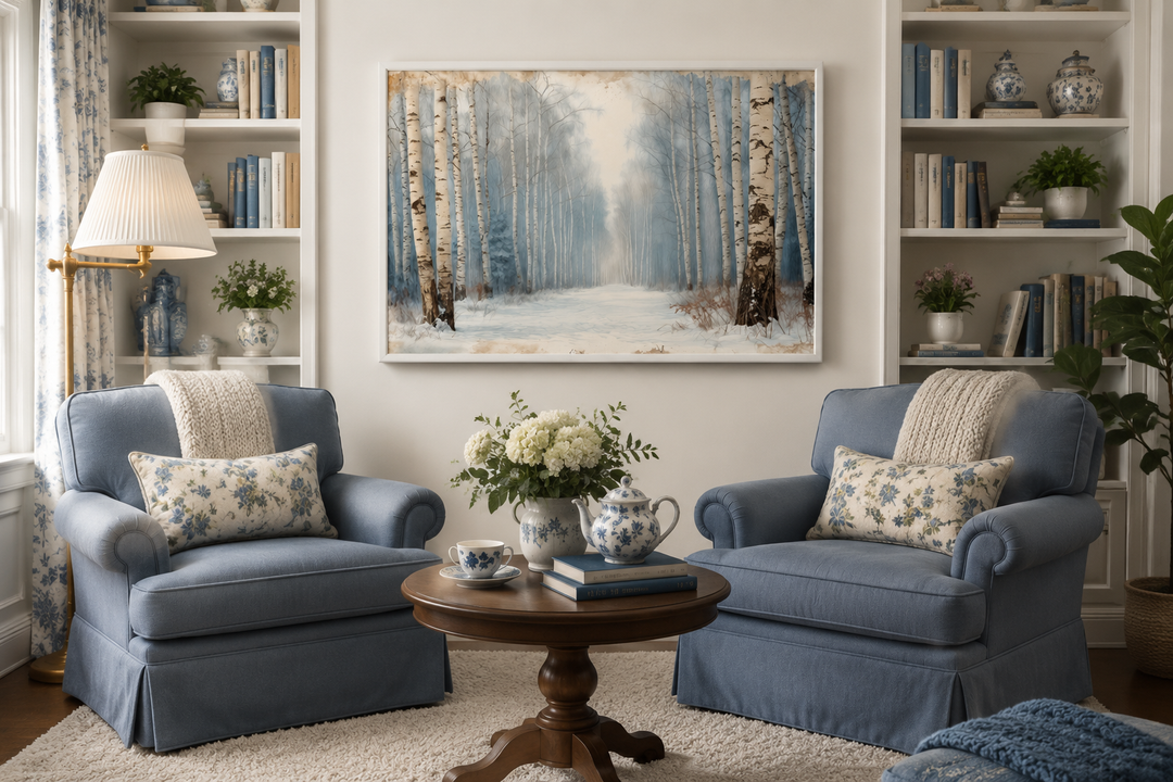 Winter Birch Trees Forest Landscape Framed Canvas Wall Art hanging above a living room seating area.