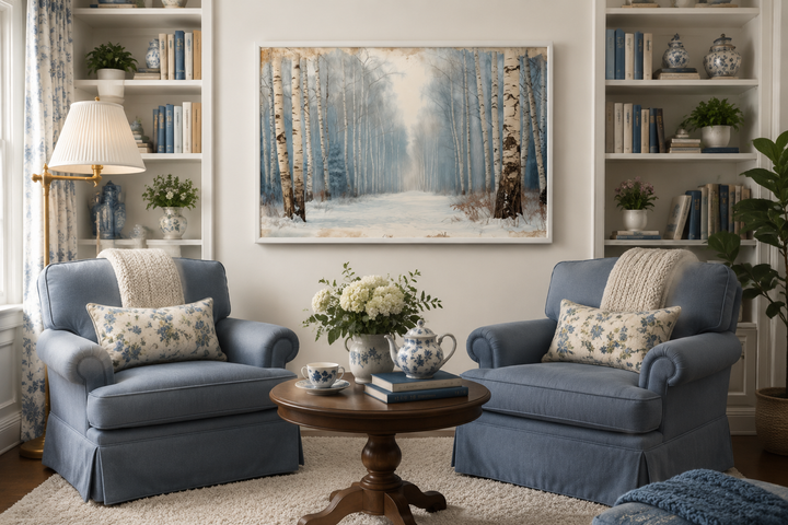 Winter Birch Trees Forest Landscape Framed Canvas Wall Art hanging above a living room seating area.