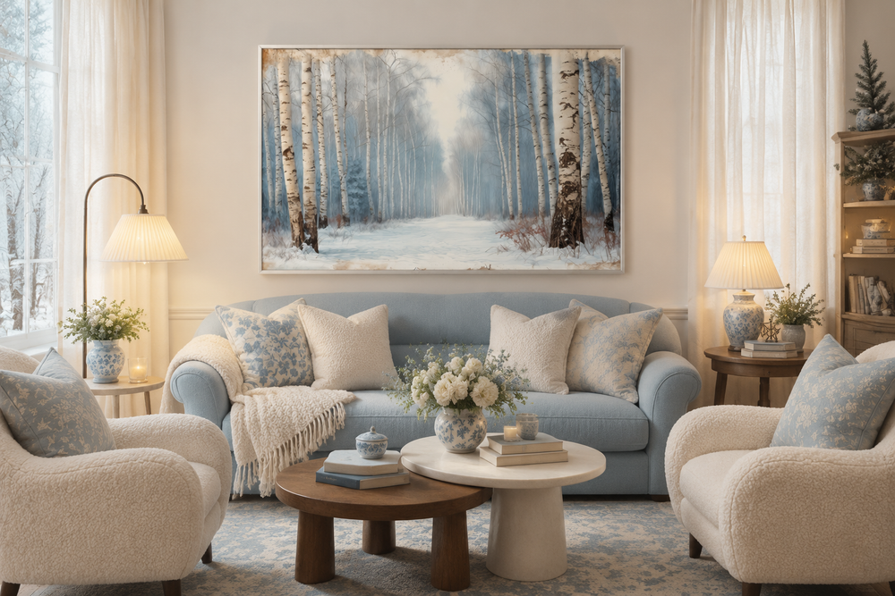 Winter birch trees forest landscape framed canvas wall art hanging above a blue sofa in a living room