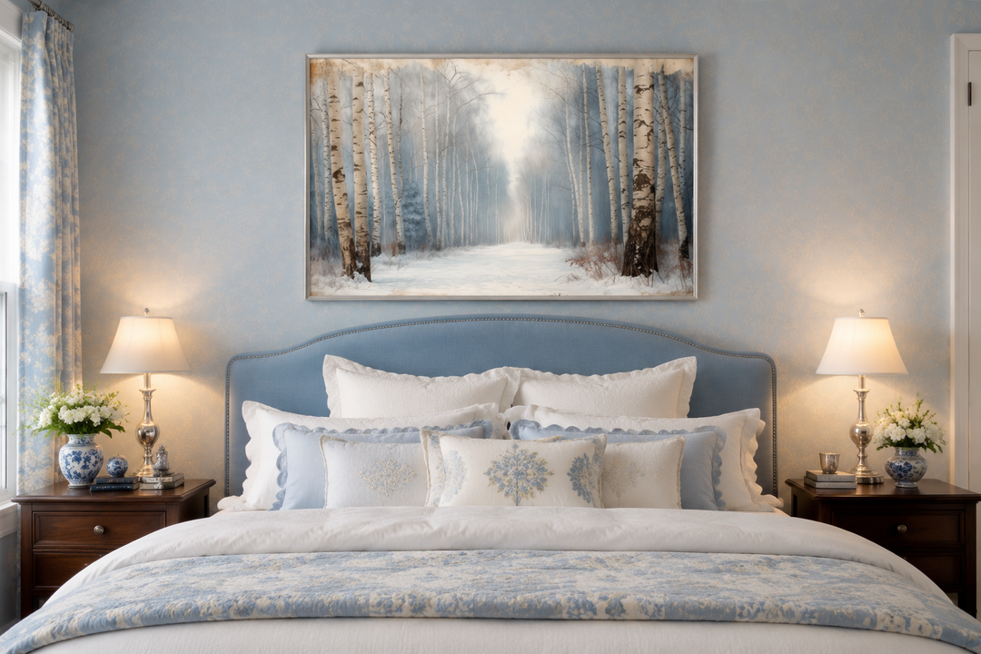 Framed canvas wall art of a winter birch forest landscape hanging above a blue upholstered bed.