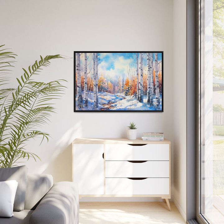 Winter Birch Trees Forest Landscape Framed Canvas Wall Art