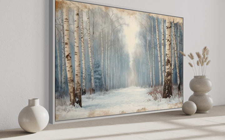 Winter Birch Trees Forest Landscape Framed Canvas Wall Art in a modern room setting.