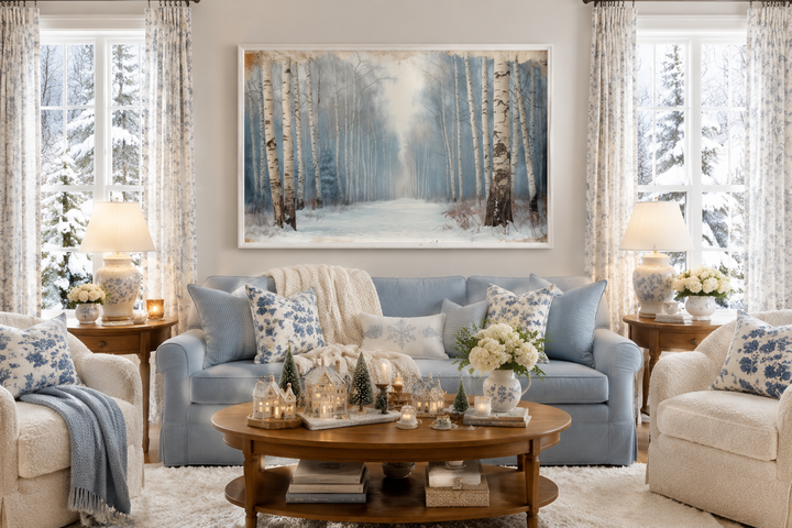 Framed canvas wall art featuring a watercolor painting of a snowy birch tree forest landscape.