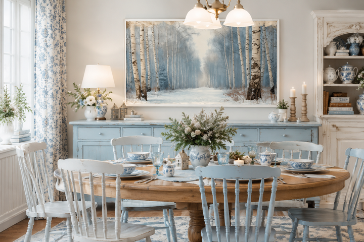 Winter Birch Trees Forest Landscape Framed Canvas Wall Art hanging above a dining room sideboard.