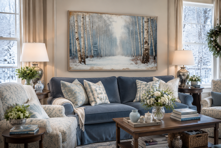 Winter Birch Trees Forest Landscape Framed Canvas Wall Art hanging above a blue sofa in a living room