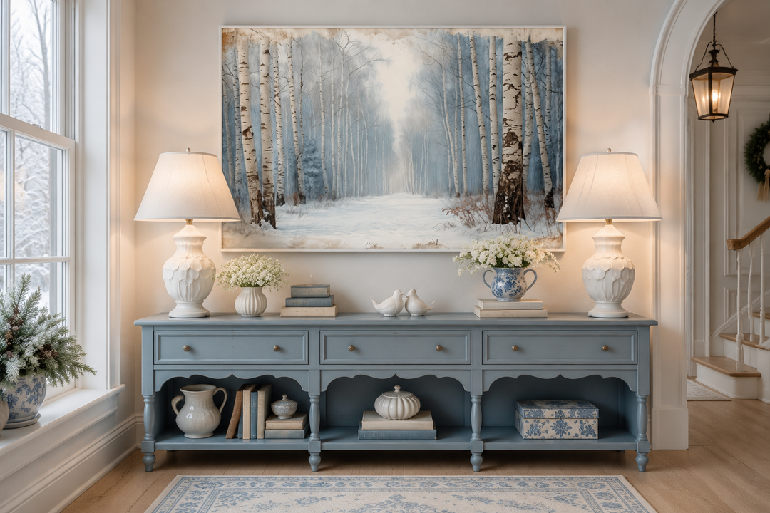 Framed canvas wall art of a winter birch tree forest landscape above a blue console table.