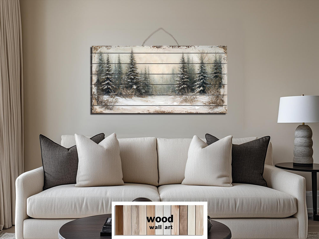 Winter Distressed Wood Wall Art – Rustic Snowy Pine Forest Painting on Wood Print