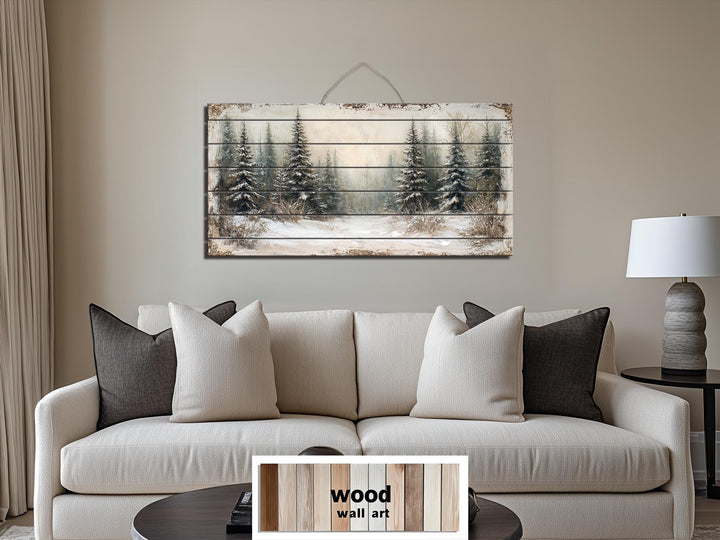 Winter Distressed Wood Wall Art – Rustic Snowy Pine Forest Painting on Wood Print