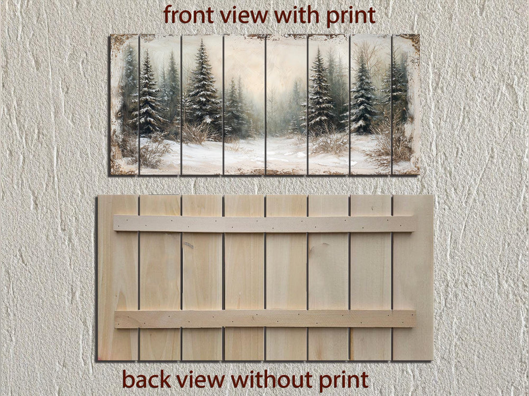 Winter Distressed Wood Wall Art – Rustic Snowy Pine Forest Painting on Wood Print
