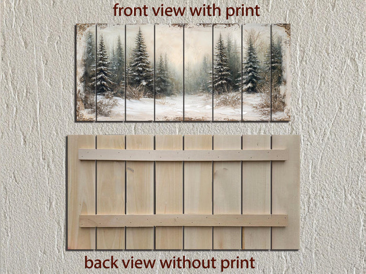 Winter Distressed Wood Wall Art – Rustic Snowy Pine Forest Painting on Wood Print