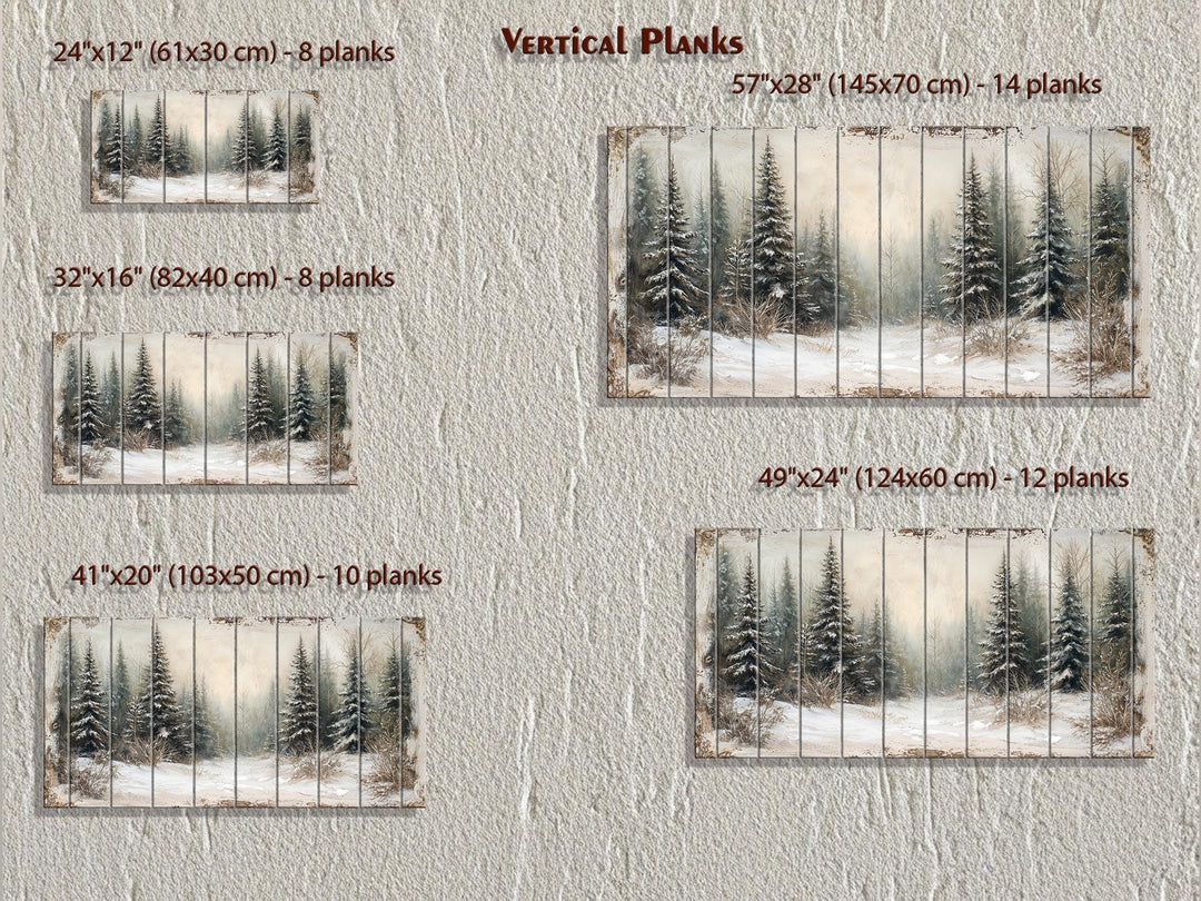 Winter Distressed Wood Wall Art – Rustic Snowy Pine Forest Painting on Wood Print