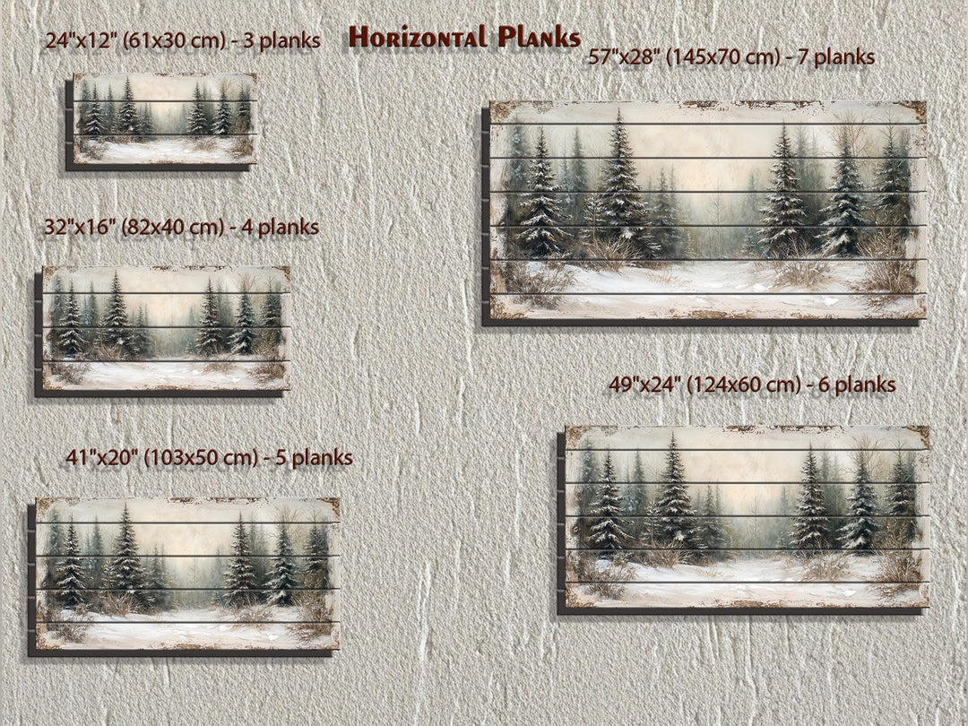 Winter Distressed Wood Wall Art – Rustic Snowy Pine Forest Painting on Wood Print