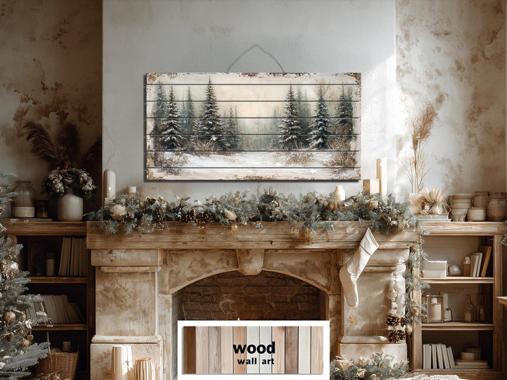 Winter Distressed Wood Wall Art – Rustic Snowy Pine Forest Painting on Wood Print
