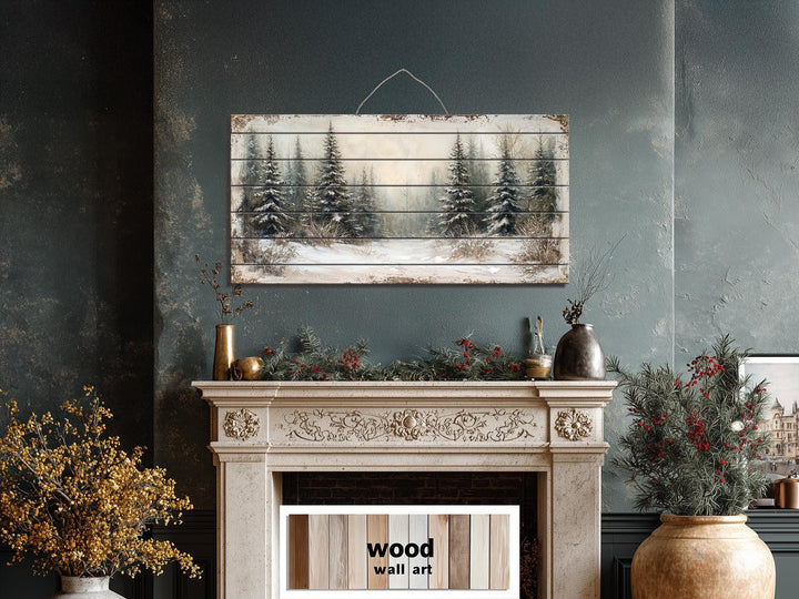 Winter Distressed Wood Wall Art – Rustic Snowy Pine Forest Painting on Wood Print