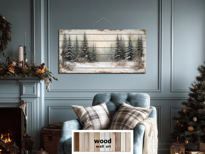 Winter Distressed Wood Wall Art – Rustic Snowy Pine Forest Painting on Wood Print
