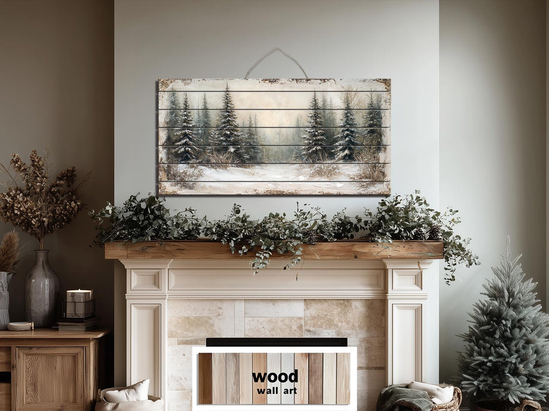 Winter Distressed Wood Wall Art – Rustic Snowy Pine Forest Painting on Wood Print