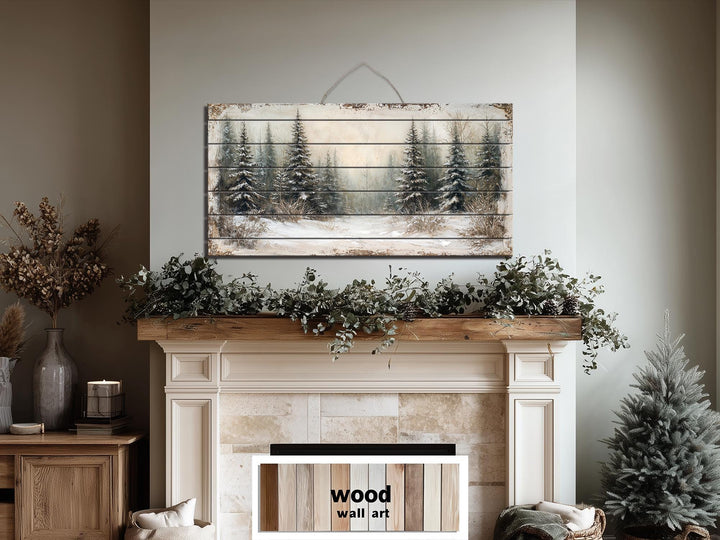 Winter Distressed Wood Wall Art – Rustic Snowy Pine Forest Painting on Wood Print