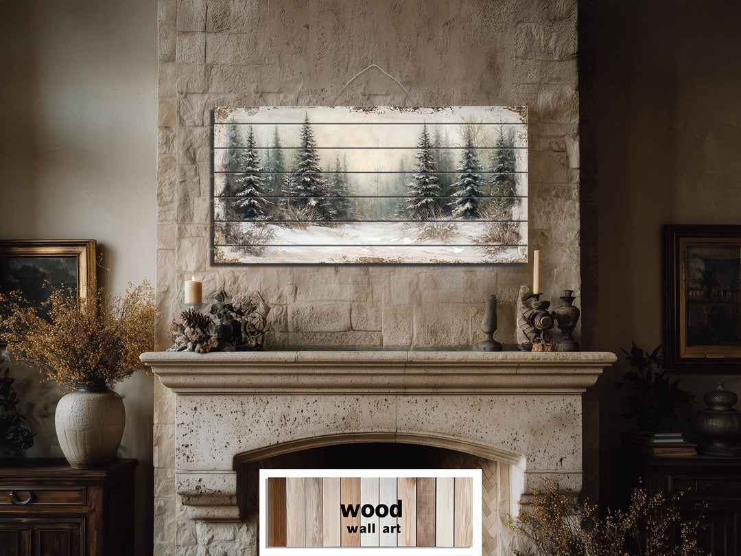Winter Distressed Wood Wall Art – Rustic Snowy Pine Forest Painting on Wood Print