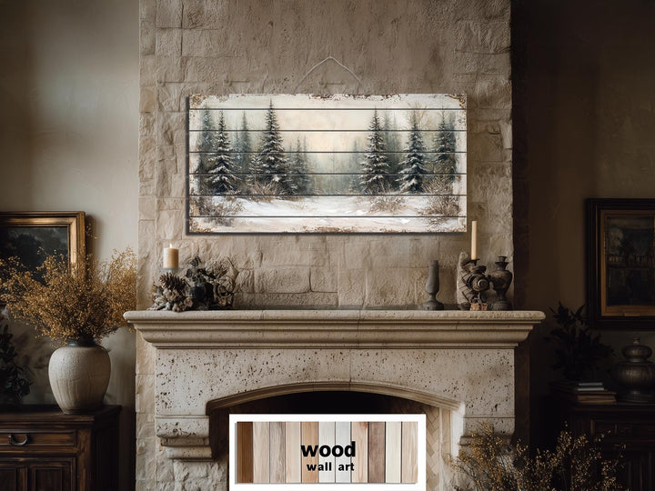 Winter Distressed Wood Wall Art – Rustic Snowy Pine Forest Painting on Wood Print