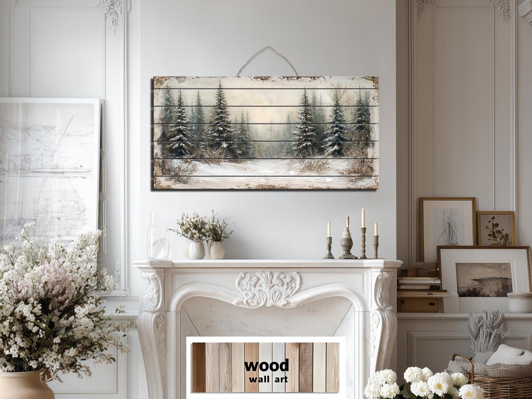 Winter Distressed Wood Wall Art – Rustic Snowy Pine Forest Painting on Wood Print