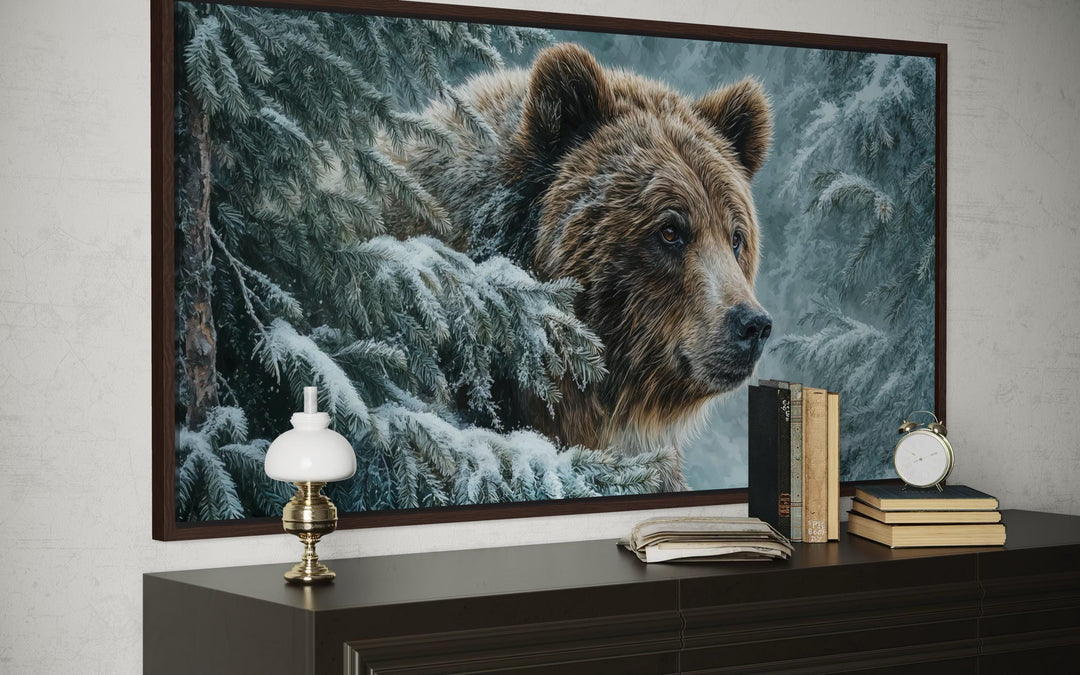Winter Grizzly Bear Wall Art – Snowy Pine Landscape Canvas | Rustic Lodge Decor