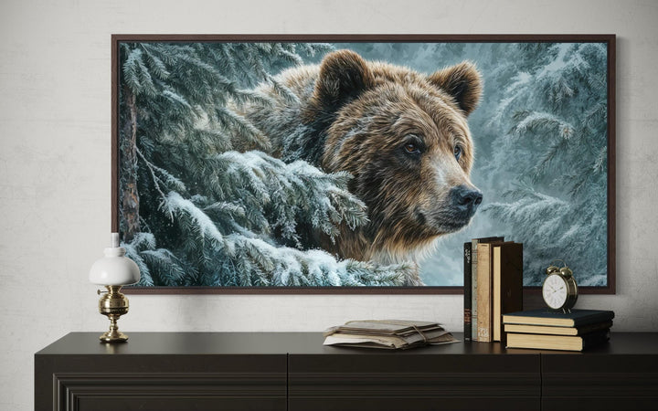 Winter Grizzly Bear Wall Art – Snowy Pine Landscape Canvas | Rustic Lodge Decor