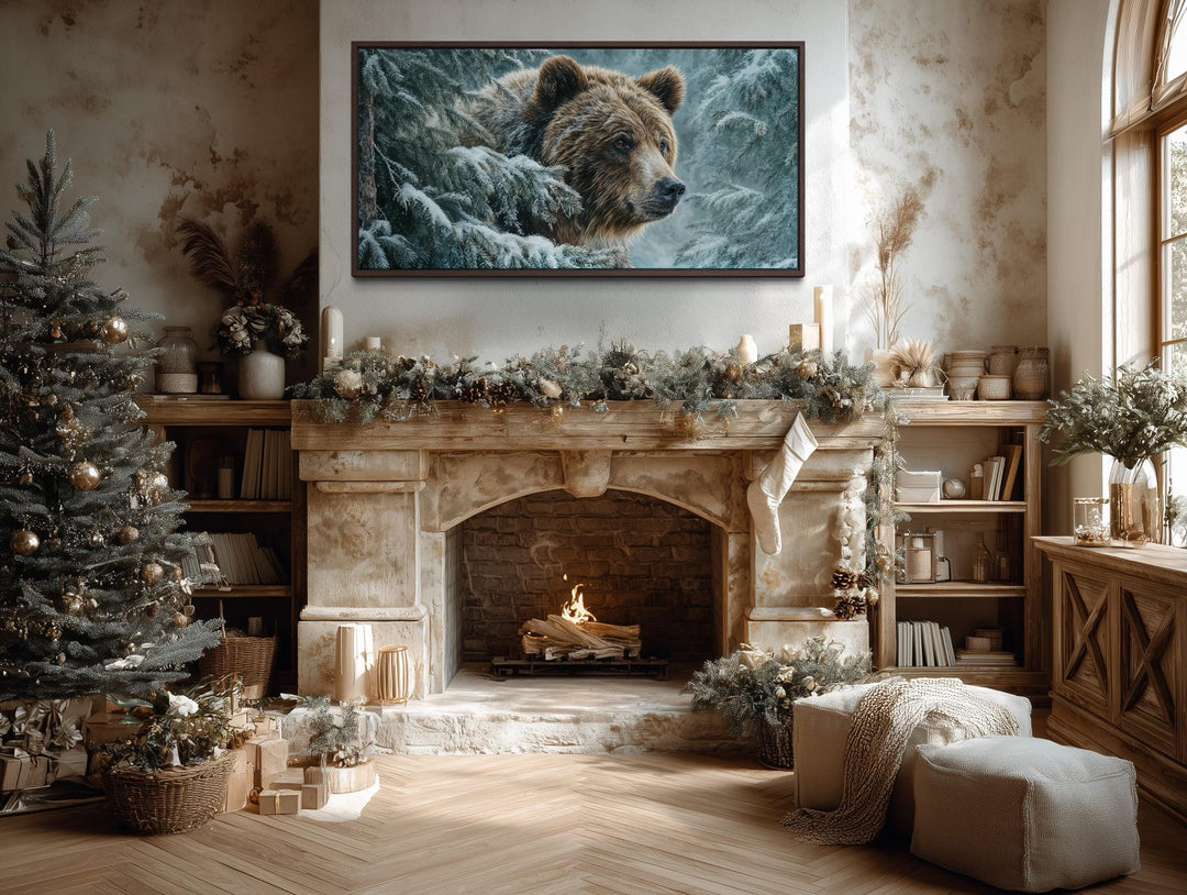 Winter Grizzly Bear Wall Art – Snowy Pine Landscape Canvas | Rustic Lodge Decor