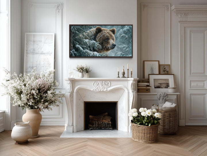 Winter Grizzly Bear Wall Art – Snowy Pine Landscape Canvas | Rustic Lodge Decor