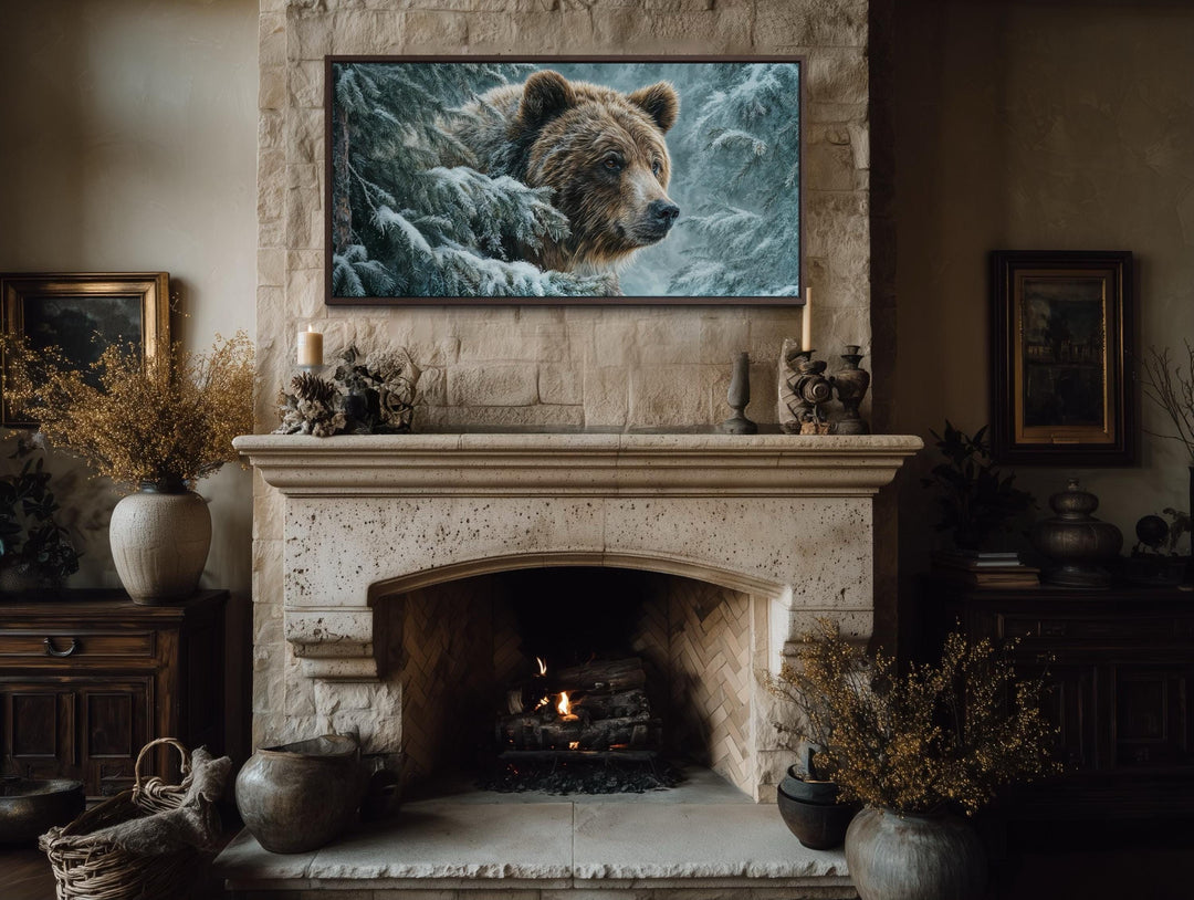 Winter Grizzly Bear Wall Art – Snowy Pine Landscape Canvas | Rustic Lodge Decor