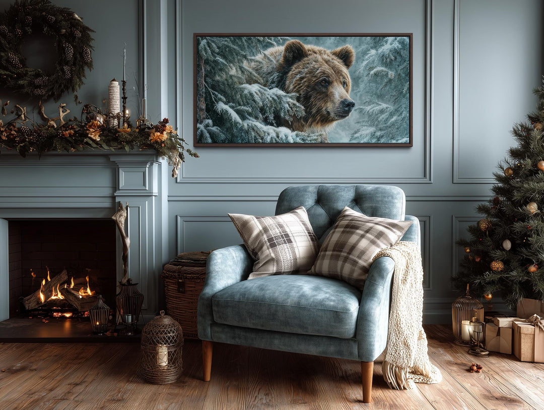 Winter Grizzly Bear Wall Art – Snowy Pine Landscape Canvas | Rustic Lodge Decor