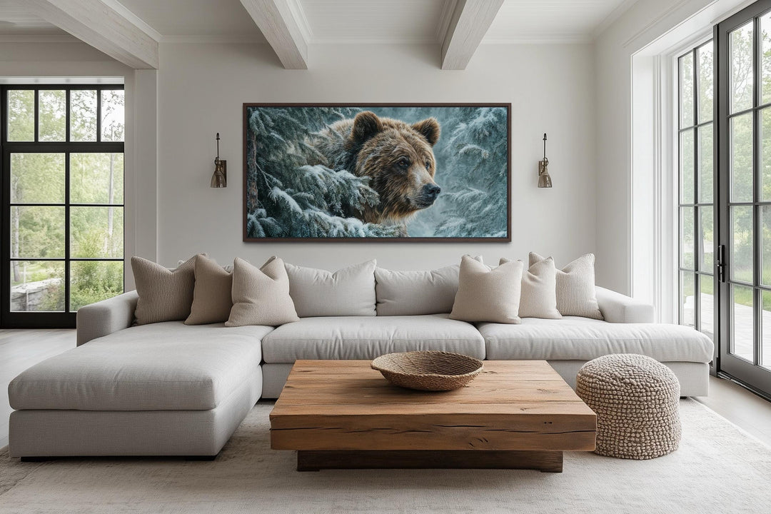 Winter Grizzly Bear Wall Art – Snowy Pine Landscape Canvas | Rustic Lodge Decor