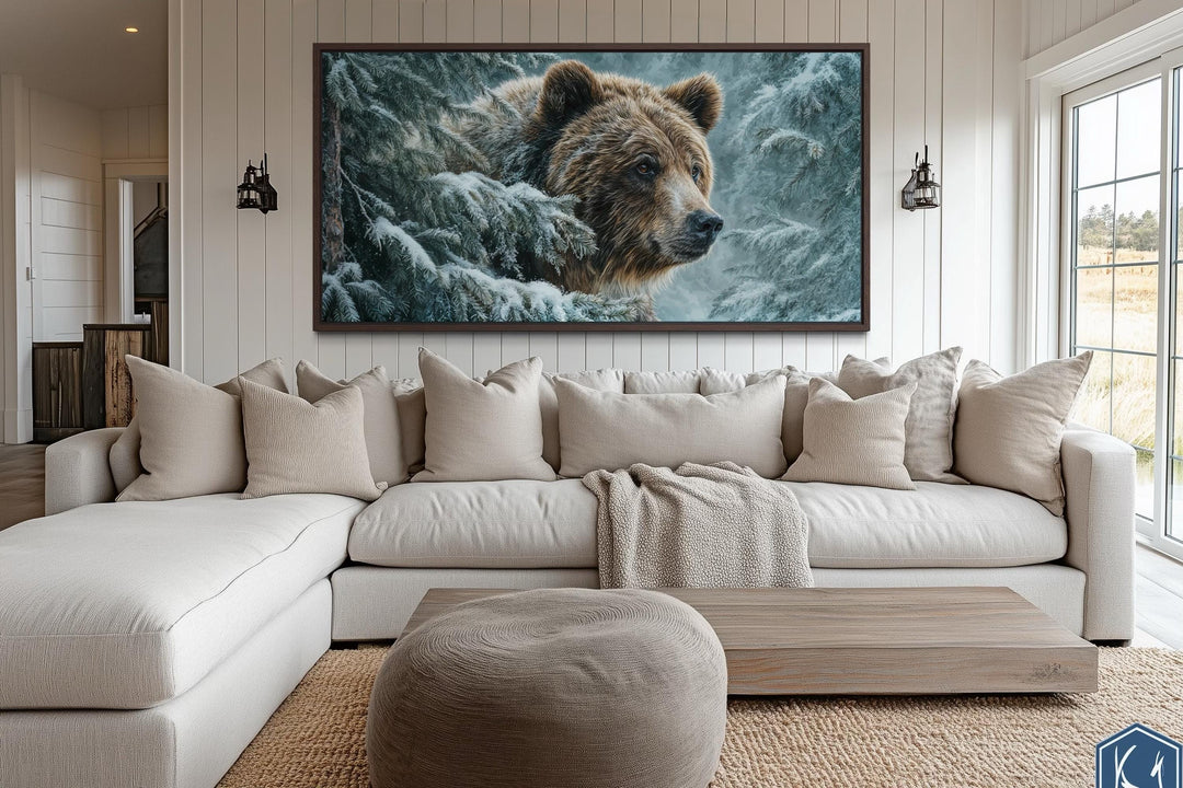 Winter Grizzly Bear Wall Art – Snowy Pine Landscape Canvas | Rustic Lodge Decor