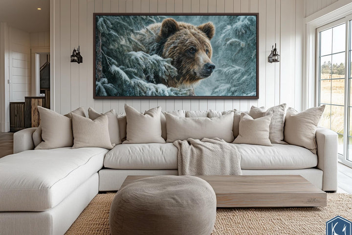 Winter Grizzly Bear Wall Art – Snowy Pine Landscape Canvas | Rustic Lodge Decor
