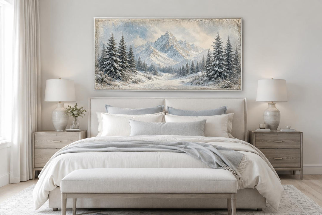 Winter Landscape Wall Art - Snowy Mountain Lake Painting with Pine Tree Forest Canvas