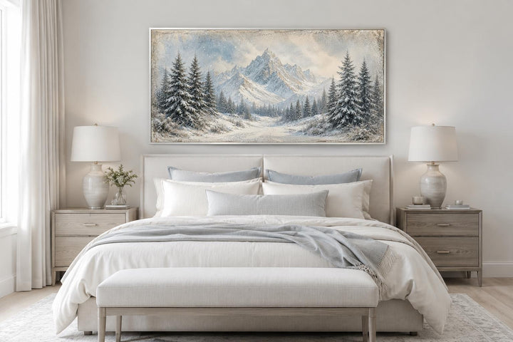 Winter Landscape Wall Art - Snowy Mountain Lake Painting with Pine Tree Forest Canvas