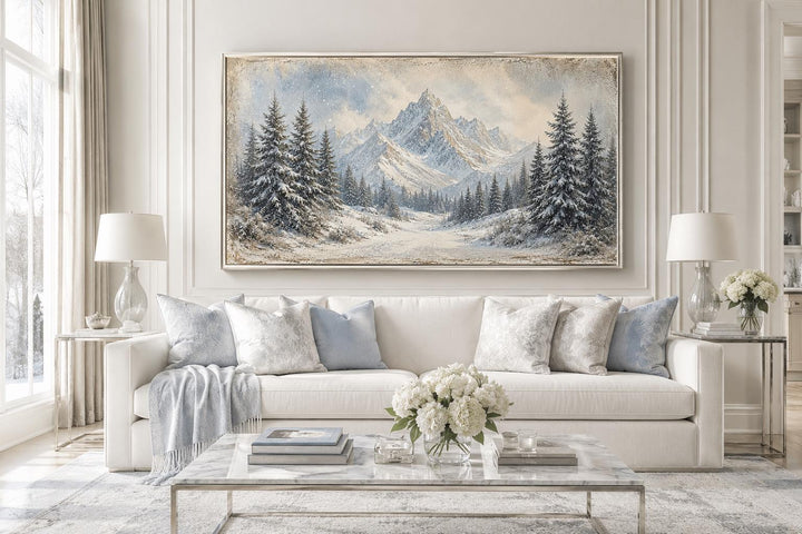 Winter Landscape Wall Art - Snowy Mountain Lake Painting with Pine Tree Forest Canvas